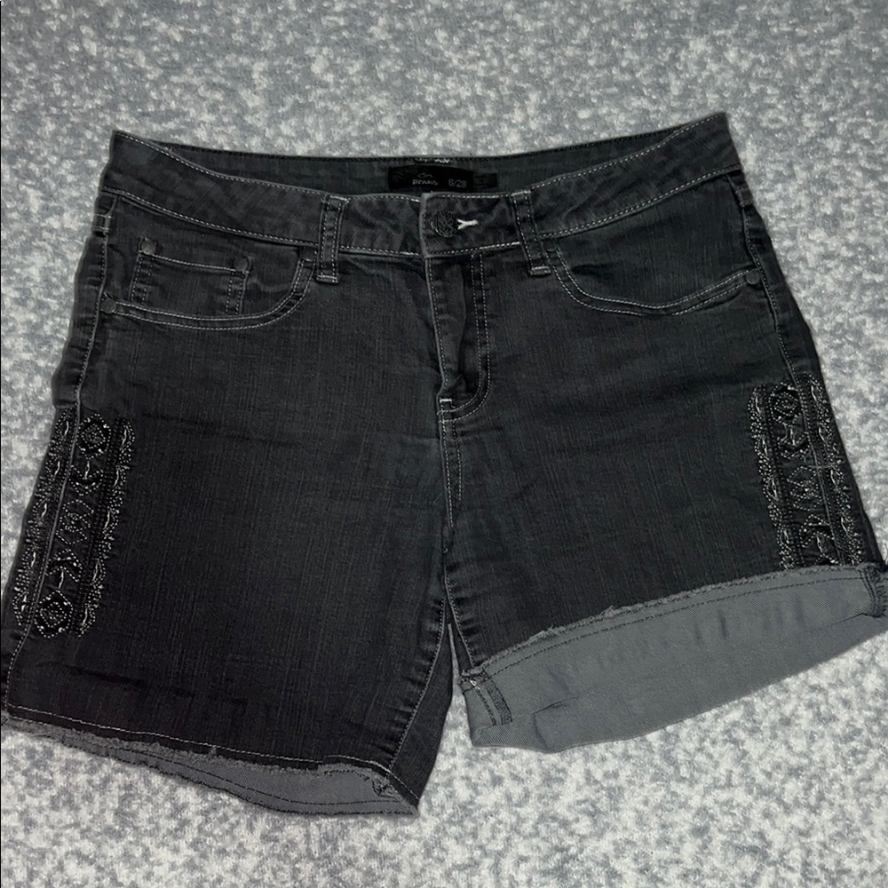 Prana Black Jean Shorts Embroidered Distressed Cut-Off Style